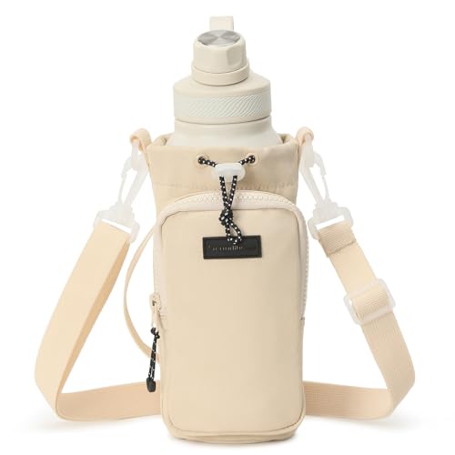 SEPWIK Water Bottle Carrier Bag With Phone Pocket - 40oz Holder Pouch With Adjustable Strap, Sleeve for Walking, Hiking, Camping, Gym - Scandihome Series Cream
