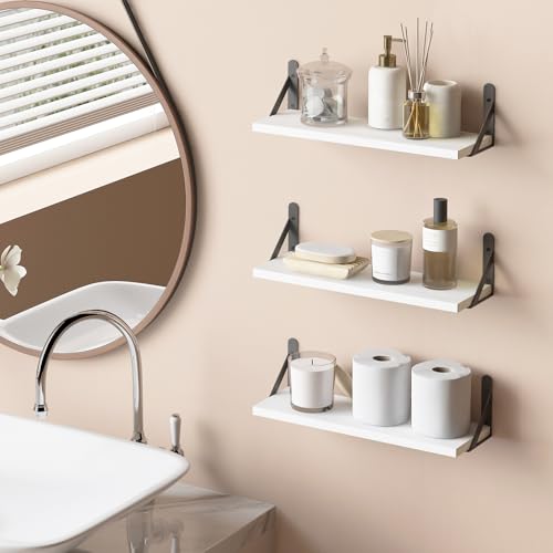 Image of YGEOMER 16.5 Inch Floating Shelves for Wall, Farmhouse Wall Shelves for Bedroom, Bathroom Storage, Living Room and Kitchen Decor (Set of 6 White)