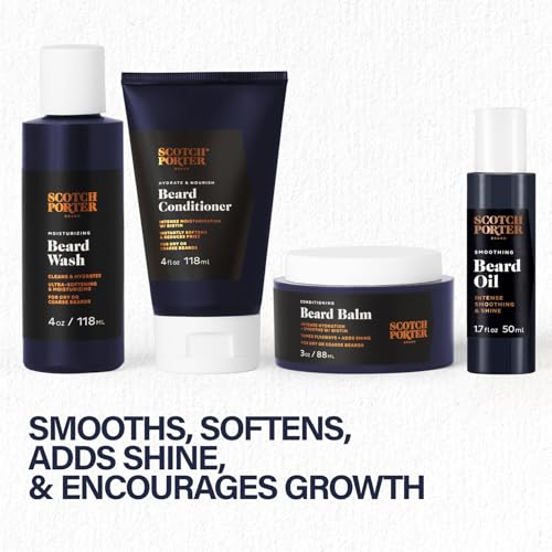 Scotch Porter Beard Care Kit – Cleanse, Moisturize, Soothe & Style Coarse, Dry Hair while Encouraging Growth for a Fuller/Healthier-Looking Beard – Includes Wash, Conditioner, Oil, Balm & Brush