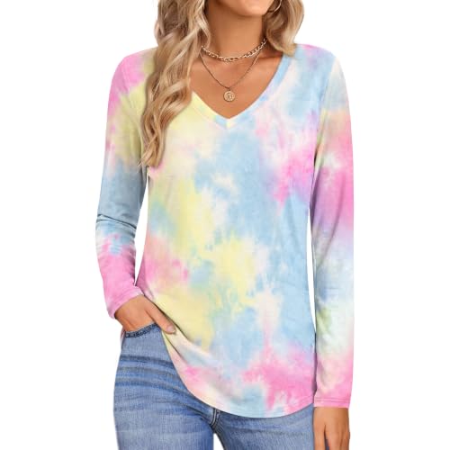 Image of Elesomo Womens T Shirts V Neck Summer Short /Long Sleeve Cotton Tops Tees
