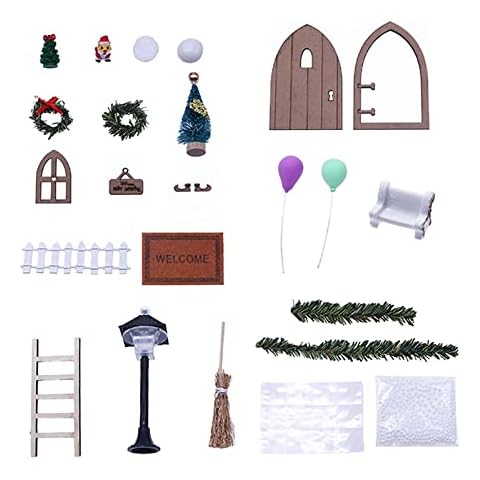 Veeteah Mini Wooden Fairy Door | Fairy Door For Wall With Light | Fairy Tale Door Decorations, Mini Door Decor Kit With Luminous Street Light, Christmas Tree Cover