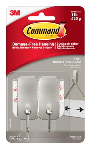 Image of Command Small Brushed Nickel Wall Hook, 2 Hooks and 4 Strips, Damage-Free Hanging with Adhesive, No Tools Great for Hanging Home Decor, Holds up to 1 lb