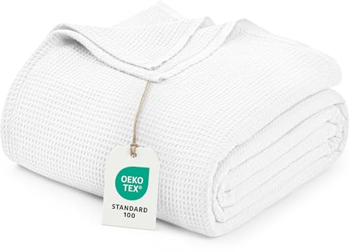 Utopia Bedding White Waffle Blanket Queen Size Soft Lightweight Breathable Cotton Blend Bed Blanket for All Seasons Luxury Throws for Bed Couch and Sofa