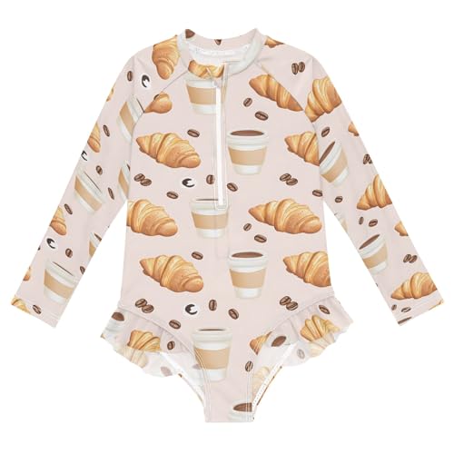 ALAZA Swimsuit for Girls Long Sleeve Rashguard Bathing Suit Pink Croissants Coffee Beans Quick Dry 4T