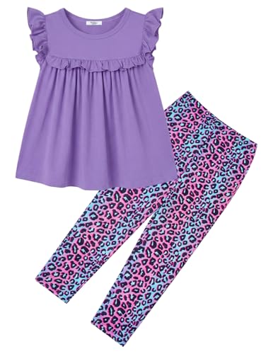 Image of Arshiner Toddler Girls 2-Piece Outfits Ruffle Sleeve Tee & Elastic Waist Pants Kids Summer Clothing Set For 2-10 Years