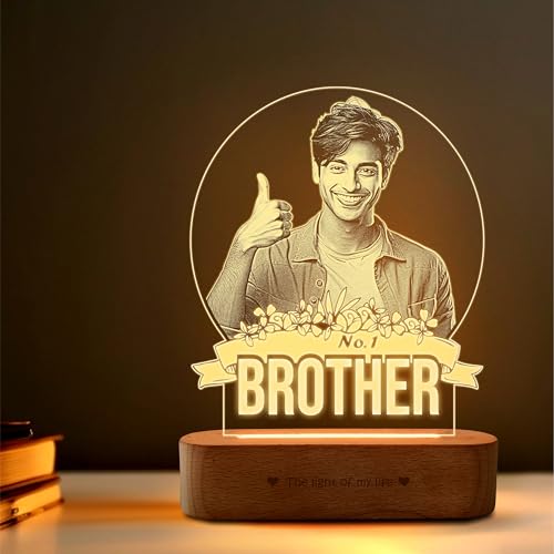 Image of ZOCI VOCI Personalized Rakhi Gift for Brother - No.1 Brother Custom UV Printed LED Photo Lamp, Warm White Acrylic Night Lamp with Wooden Base, Customized Rakshabandhan Gift