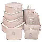 Packing Cubes for Travel, 9 Set Luggage Organizers with Toiletry Bag, Electronics Bag, Compression Cells, Accessories Bags Wearable Lightweight Water Resistant Fabric (9 PCS - Beige S)
