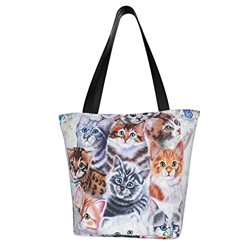 Cat And Butterfly Shoulder Handbag Canvas Tote Bag For Work Travel Business Beach Shopping School #TOP22