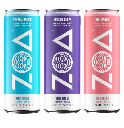 Z0A-Energy Drink, Zero Sugar, Variety Pack, 12 fl oz Cans (9 Count) – 3 Each of White Peach, Frosted Grape & Tropical Punch – 160mg Natural Caffeine – Gluten-Free & Keto-Friendly