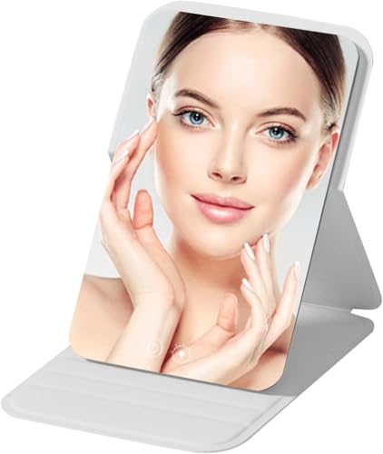 Image of Portable Folding Travel Mirror - Slim PU Leather Makeup Mirror with Adjustable Stand - Lightweight Pocket-Size Vanity Mirror for Purse, Desk, or Travel Use (7 x 10.5 cm) (Grey)
