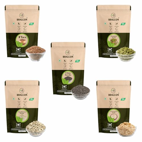 Image of BRALCON Seeds Combo of Chia, Watermelon, Pumpkin, Sunflower, Flax Seeds - 500g (5 x 100g Each Pack) | Unroasted Mix Seeds for eating with Omega 3 and rich in Fiber, Protein for Weight Loss