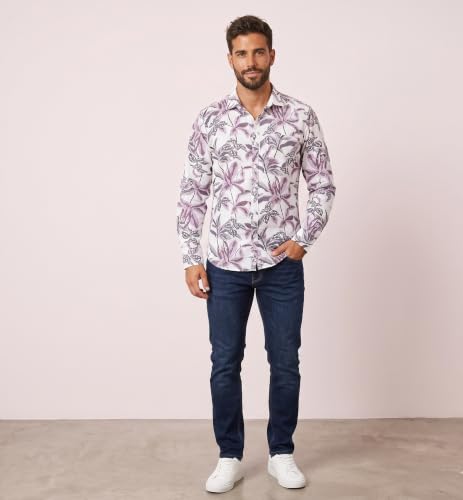 Image of UNM Men's Casual Shirt, Tropical Leaf Print on White