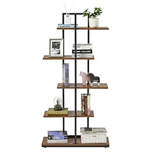 Meerveil Bücherregal, Standregal, 5 Lagiges Asymmetrisches Split-Level Lagerregal, Retro-Industrie Stil Ausstellungsregal, Offene Regalebene, für Wohnzimmer Büro Schlafzimmer, 74 x 28 x 145 cm, Braun