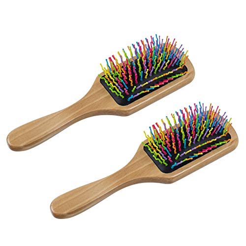 AUEAR, 2 Pcs Natural Rainbow Bamboo Hair Brush Massage and Anti Static Detangling Hair Brush Bamboo Paddle Hairbrush with Colorful Nylon Pins for Woman Girls