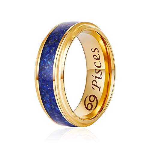 LerchPhi Mens 8mm Natural Lapis Lazuli Tungsten Carbide Ring Gold Stepped Edge Free Personalized Custom Name Date