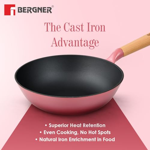 Image of BERGNER Excalibur Lightweight Cast Iron Wok 24cm (2L), Sturdy Wooden Handle, Non-Stick Coating, PFAS Free, Perfect Heat Distribution, Elegant Design - Induction and Gas Stove Ready (Pink)