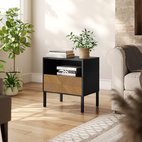 Image of Bme Vivian Solid Wood Nightstand, End Table, Bedside Table with Herringbone Pattern for Rustic Bedroom, Easy Assembly, Rustic Seadrift and Black