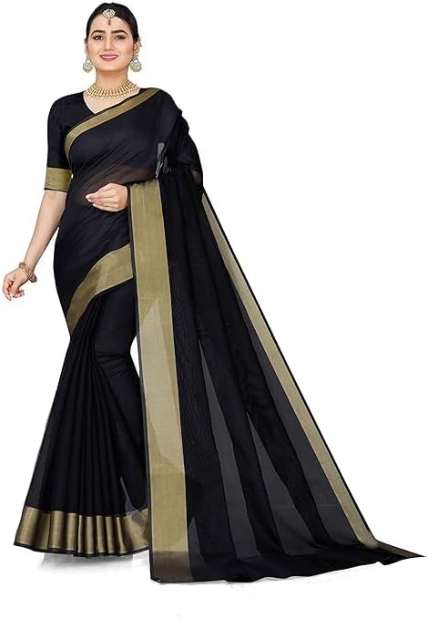 jil fashion Women's Soft Cotton Black Saree With jecard border