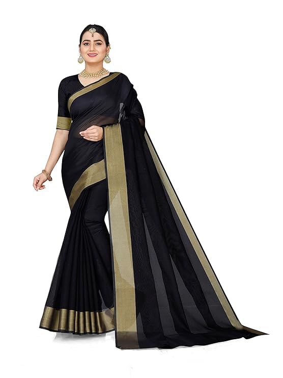 jil fashion Women's Soft Cotton Black Saree With jecard border