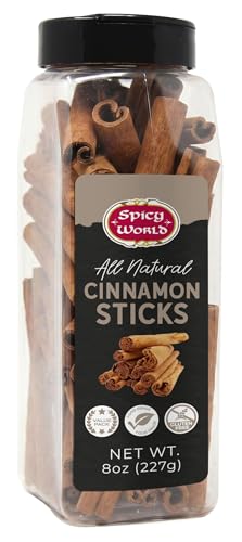 Spicy World Cinnamon Sticks 8 Oz Jar ~ 50 Sticks - Strong Aroma, Perfect for Baking, Cooking & Beverages - 3 Inches Length - Cassia Saigon Cinnamon from Vietnam
