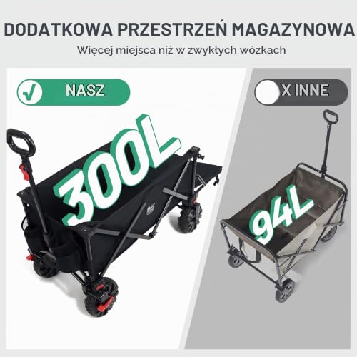 TIMBER RIDGE Wózek festiwalowy, 300 l, z hamulcami, składany wózek plażowy z tylną klapą, składany wózek 135 kg, zdejmowane szerokie koła i regulowany uchwyt, do użytku na zewnątrz, na kemping, do