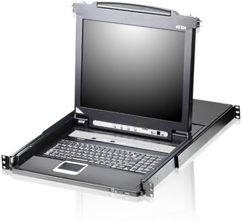 ATEN CL5716M 16-Port KVM Switch with integrated 17-inch LCD, keyboard, and touchpad, shown open in a rackmount configuration.