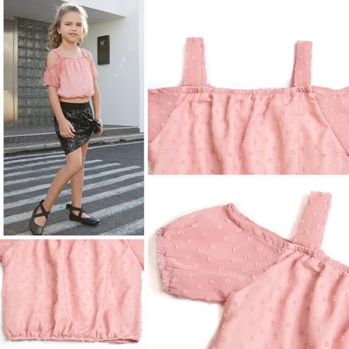 Image of Perfashion Girls Puff Short Sleeve Corp Tops Cold Shoulder Shirts swiss dot chiffon blouse for 4-13 Years
