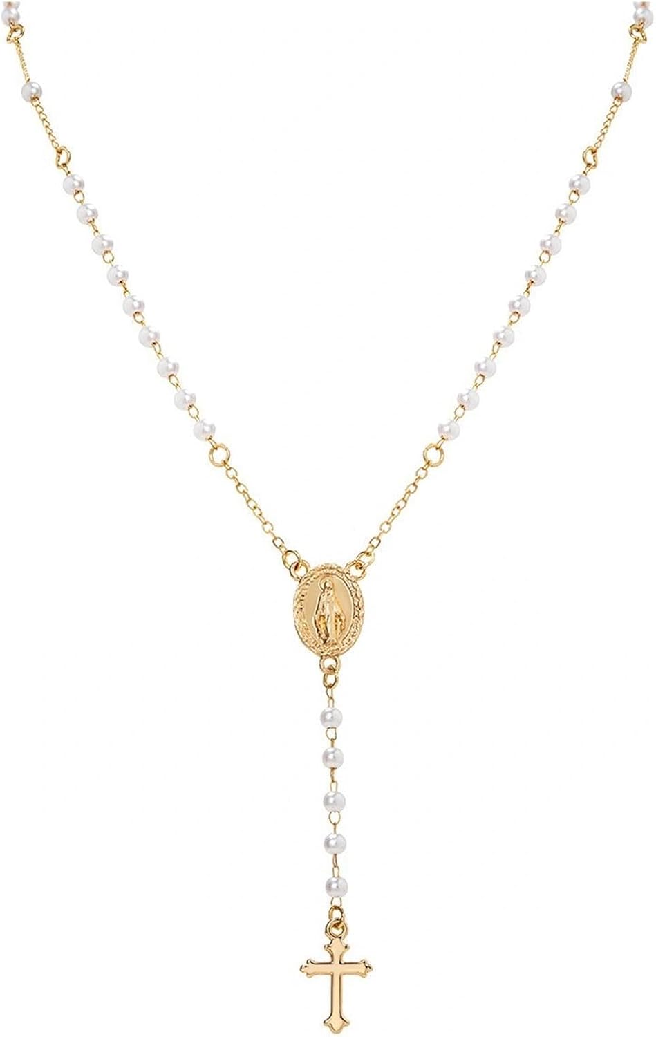 Dainty Gold Virgin Mary Cross Beaded Y Necklace for Women Vintage Rosary White Cross Pearl Pendant Necklaces Religious Statement Neck Jewelry - Image 7