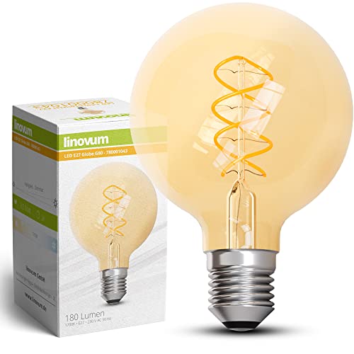 linovum Edison Globe LED Filament Glühbirne E27 dimmbar extra warmweiß 1700K, G80 extra groß - Vintage Retro Leuchtmittel 3,4W in Bernstein Optik