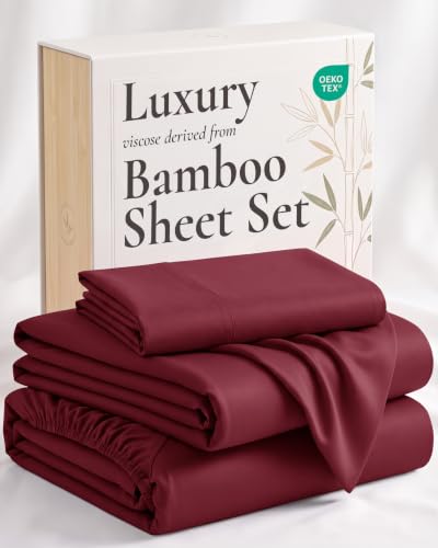 Image of Hotel Sheets Direct 3 Piece Bed Sheet Set Twin Size, 100% Viscose Derived from Bamboo Sheets Set with 1 Pillowcase, Cooling & Breathable Luxury Bedding, Moisture-Wicking & Silky Soft Texture, Burgundy