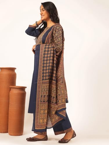 Image of Vbuyz Women Ajrakh With Yoke design Cotton Straight Kurta Set With Dupatta