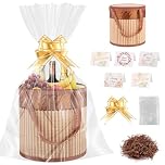 Hamper Baskets for Gifts Empty, Gift Basket Hamper Kit, Woven Bamboo with Cellophane Bags Pull Bows Raffia Ribbon and Tags, DIY Kit for Birthday Easter Christmas Housewarming Mother’s Day Weddings