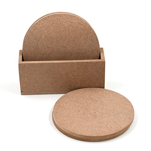 Image of IVEI MDF DIY Coasters with Holder Stand - MDF Plain Wooden Coasters & Holder Blank Cutouts for Painting, Sheet Craft, Decoupage, Resin Art Work & Decoration (Round with Vertical Holder)