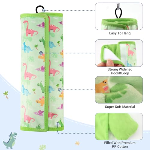 Image of COOLBEBE Seat Belt Pillow for Kids, Extra Soft Toddler Travel Pillow for Car Seat, Universal Carseat Strap Cushion Pads for Childs Baby People Adults, Green Dinosaurs