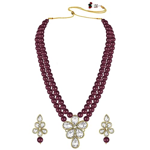Image of Peora Crystal Faux Pearl Kundan Necklace & Jewellery Set Gift for Women