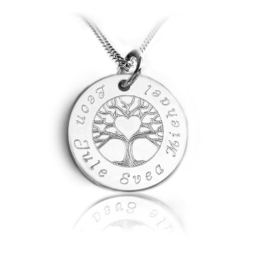 LATIGGA Personalisierte Familienkette mit Gravur – Lebensbaum mit Herz - runder Anhänger mit...