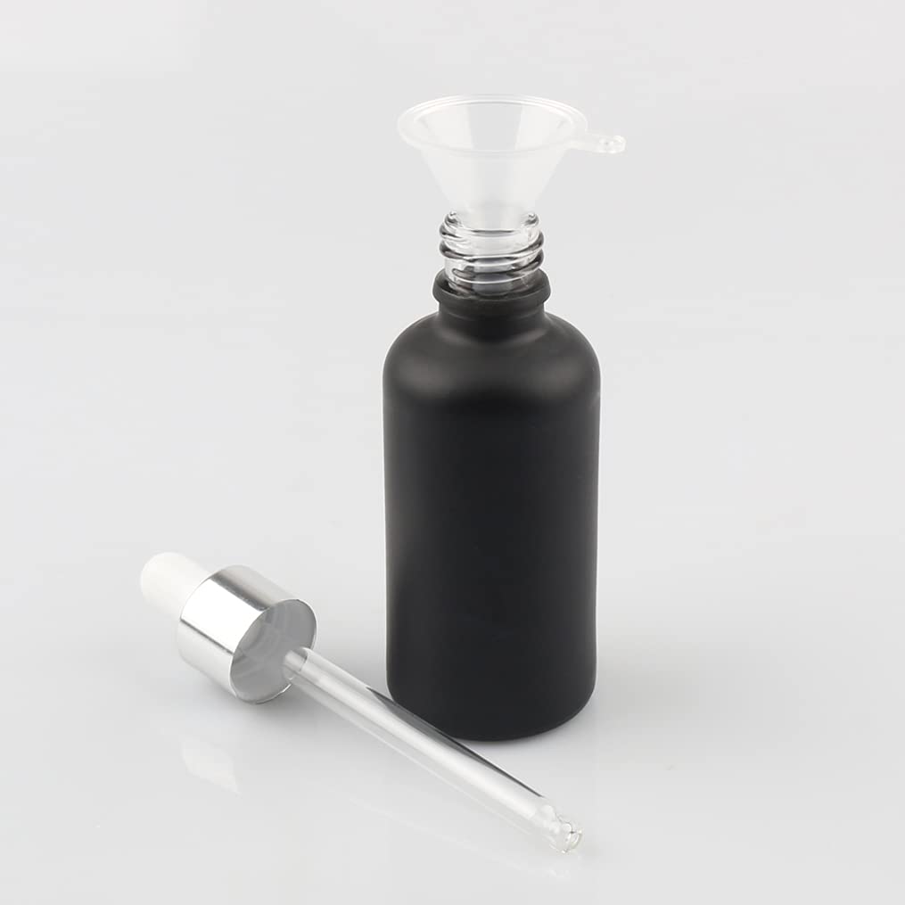 24 Pieza,Botella de Aceite Esencial Negro mate de 50 Ml, Botellas de Cristal con anillo de Plata y pipeta, para Aceite Esencial, Masaje,Fragancia, Aromaterapia