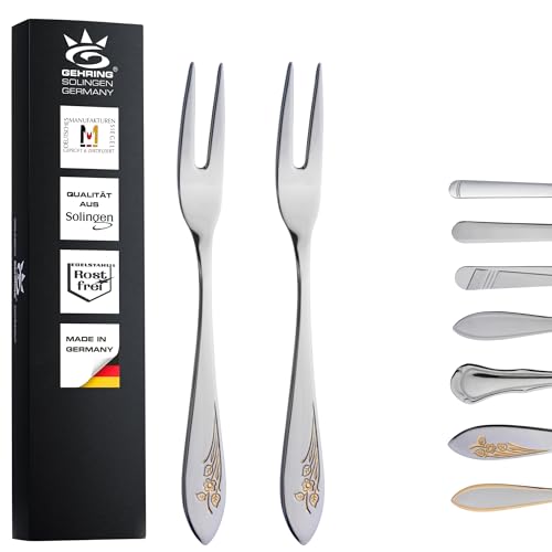 Gehring Solingen Flower Lot de 2 fourchettes à charcuterie décorées dorées I Fourchette de service I Couverts en acier inoxydable 18/10 I Fourchette de présentation I Passe au lave-vaisselle I