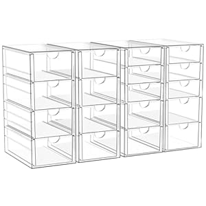 4 Pack Acrylic Makeup Organizer with 18 Drawers, Clear Storage Drawers, Bathroom Counter Organizer, Plastic Storage Bins For Vanity, Undersink, Pantry, Home Organization and Storage