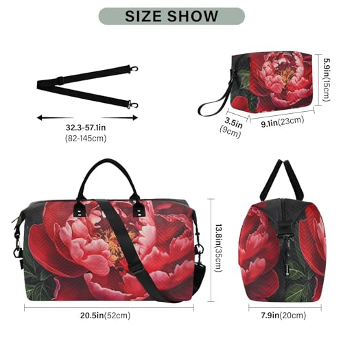 Large Travel Duffel Bag, Penoy Red Green Leaf Sports Tote Gym Bag, Shoulder Weekender Overnight Bag for Women Men, Carry On Luggage with Toiletry Bags3