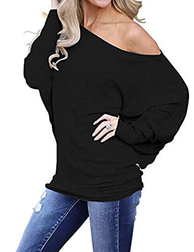 Poetsky Off The Shoulder Tops for Women Long Sleeve Pullover Batwing Tunic Top (M, Black)