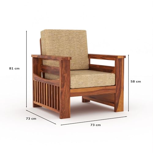 Image of Sheesham Wooden 1 Seater Sofa for Living Room | Rosewood 1 Seater Cushion Sofa Side Half Moon Rack | Solid Wood Sofa Set for Lounge (1 Seater,Honey)