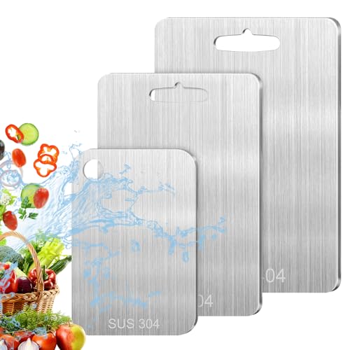 3 Pièces Planche à Découper Inox, Planche à Découper Double Face en Métal de Qualité Alimentaire, Planche À Découper Antiadhésive En Acier Inoxydable (39 * 27cm+34 * 23cm+25 * 15cm)