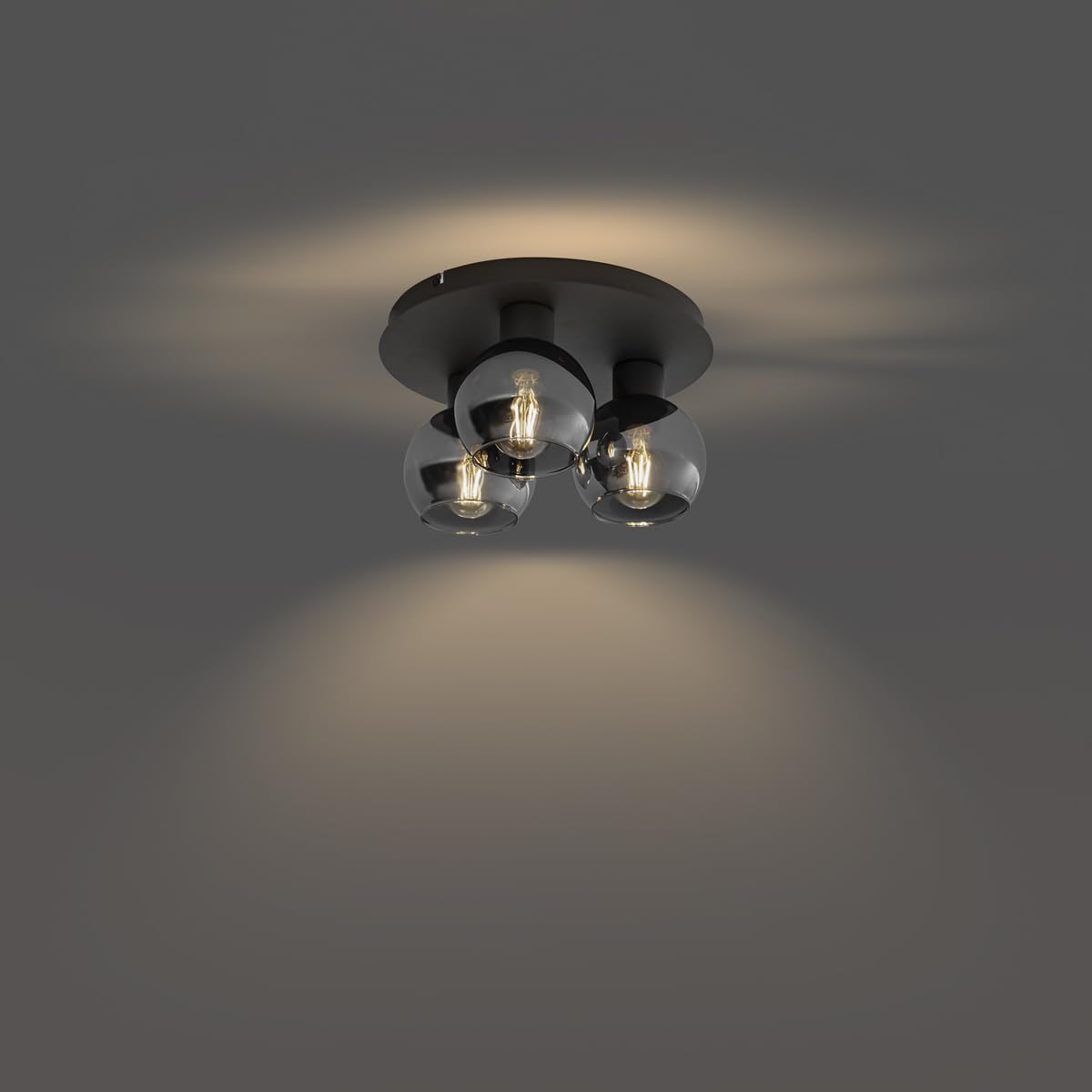 Qazqa Art Deco Deckenleuchte, Deckenlampe - Vidro - Schwarz mit Rauchglas, Rund, 3-flammig, 32cm, Ideal als Flur, Schlafzimmerlampe und Wohnzimmerlampe