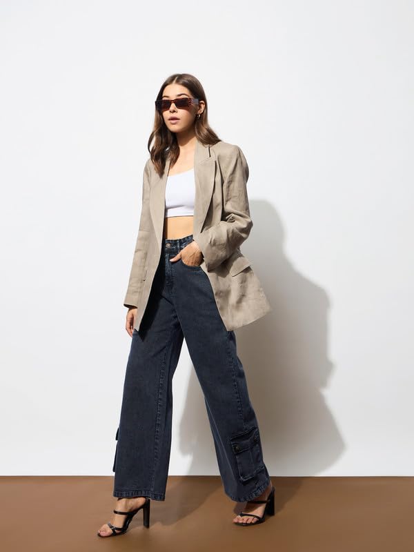 Image of barcino Blue Washed Hem Pocket Stretch Straight Jeans
