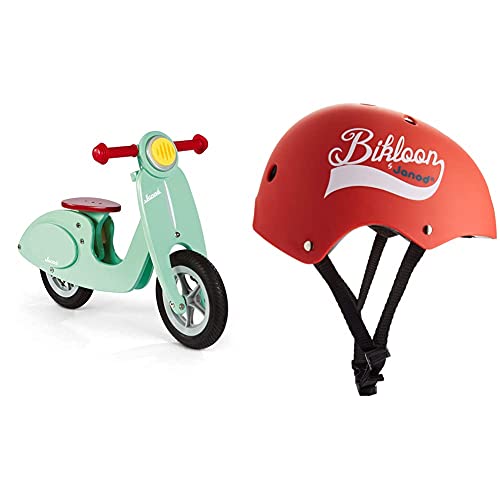 Janod Bici Senza Pedali In Legno Scooter, Look Vintage, Sellino Regolabile & Bikloon Casco Per Bici Rosso, E Bici Senza Pedali, Per Bambini, Taglia S, Girotesta Regolabile