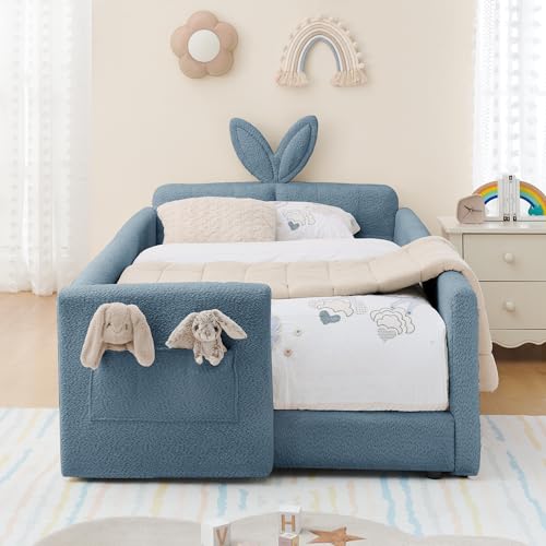 Image of KEIKI Twin Size Upholstered Platform Bed Frame with Cute Rabbit Ear Shaped Headboard and Pocket, for Boys and Girls, Platform Bed with Guardrail and Slats, No Box Spring Required, Easy Assembly, Blue