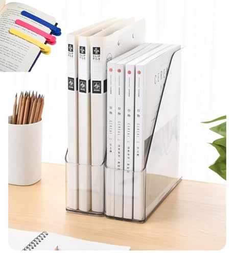 ESHINEDE Acrylic Magazine Holder, 2 PCS File Magazine & Book Storage Rack for Office Desk, Clear Book Organizer with 3pcs Silicone Automatic Bookmarks