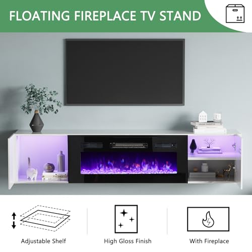 AMERLIFE High Gloss Living Room Entertainment Center with LED Lights, Including Floating Fireplace TV Stand with 36" Electric Fireplace & 2 Bookcases with Glass Doors, White - Image 5