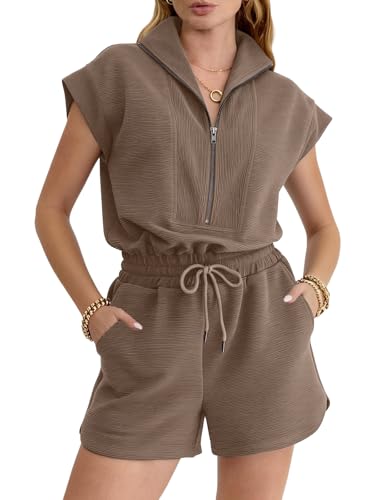 Image of Rompers for Women Summer Short Sleeve Half Zip Lapel Collar Jumpsuit Casual Drawstring One Piece Outfits with Pockets